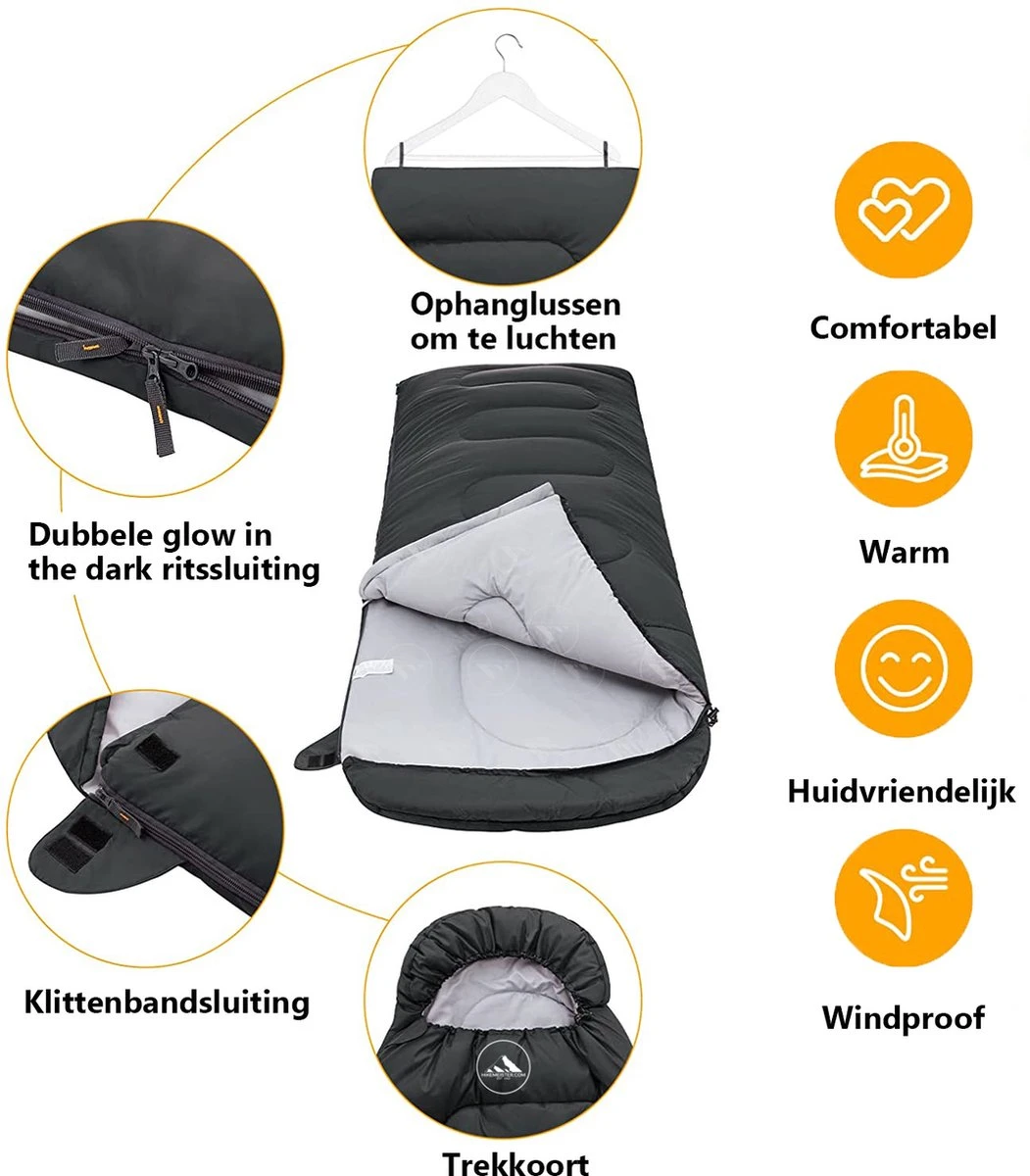 HikeMeister Mummy Slaapzak 1600 Gram - Kamperen - Zwart - Ca. 220 X 80 Cm - Met Binnenzak - Comfortzone: 0-15 Graden - Draagtas 5 HikeMeister Mummy Slaapzak 1600 Gram - Kamperen - Zwart - Ca. 220 X 80 Cm - Met Binnenzak - Comfortzone: 0-15 Graden - Draagtas - Afbeelding 3