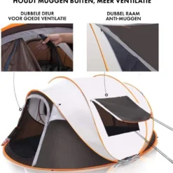 Fly Lab Luxe Pop Up Tent - Kampeer Tent - Grijs/Oranje - 4 Persoons -Aanbiedingen Kampeer Zen Winkel 1072x1200