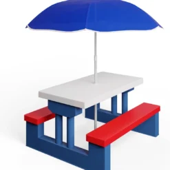 Merkloos Kinder Picknicktafel Met Parasol - Blauw -Aanbiedingen Kampeer Zen Winkel 1097x1200 2