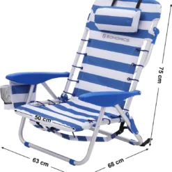 Naqsh Store Strandstoel Met Hoofdkussen, Aluminium, Draagbare Vouwstoel, Campingstoel, Opvouwbaar En Verstelbaar, Zoals Een Rugzak Draagbaar, Buitenstoel, Blauw En Wit Gestreept GCB62BU