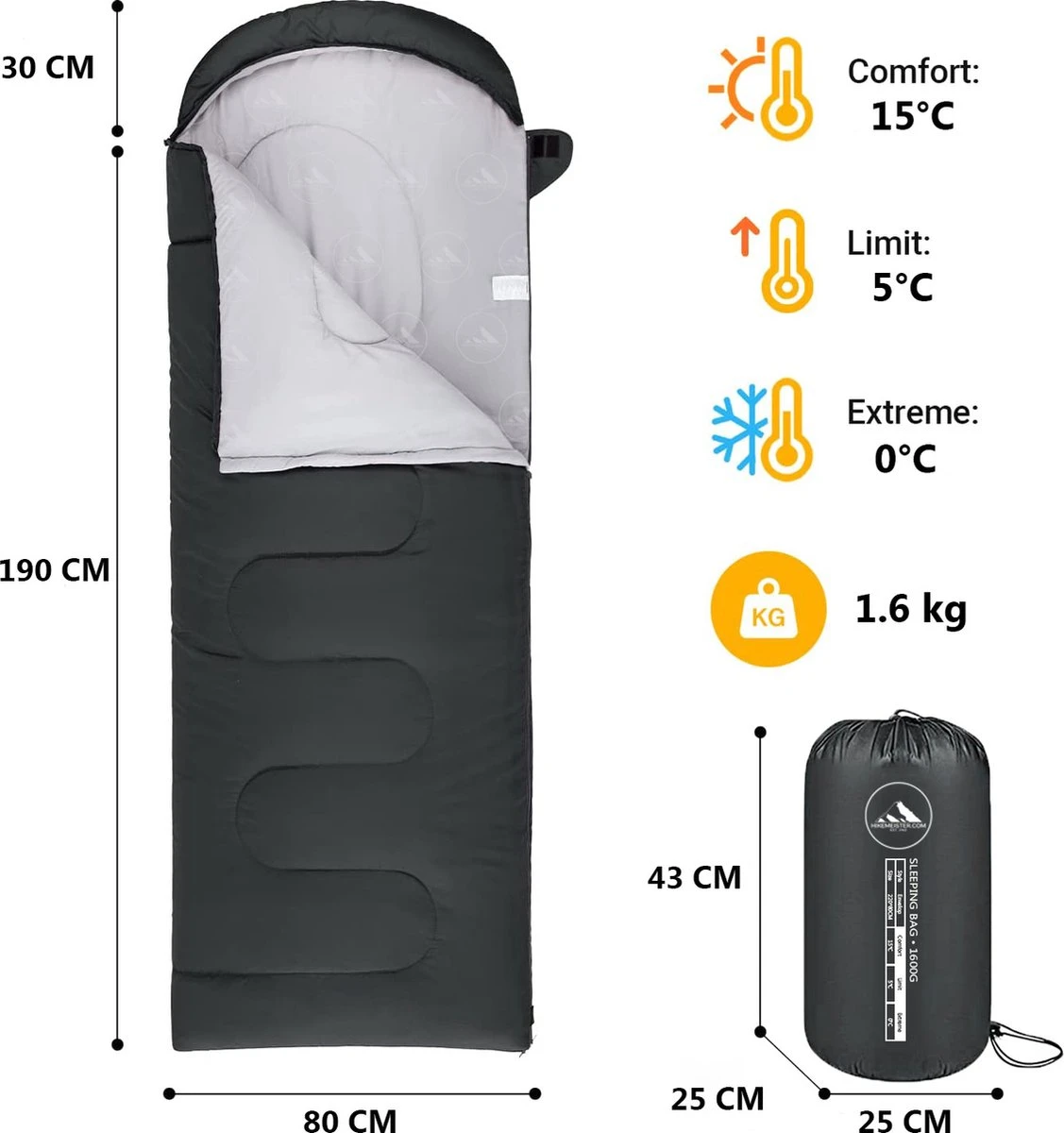 HikeMeister Mummy Slaapzak 1600 Gram - Kamperen - Zwart - Ca. 220 X 80 Cm - Met Binnenzak - Comfortzone: 0-15 Graden - Draagtas 4 HikeMeister Mummy Slaapzak 1600 Gram - Kamperen - Zwart - Ca. 220 X 80 Cm - Met Binnenzak - Comfortzone: 0-15 Graden - Draagtas - Afbeelding 2