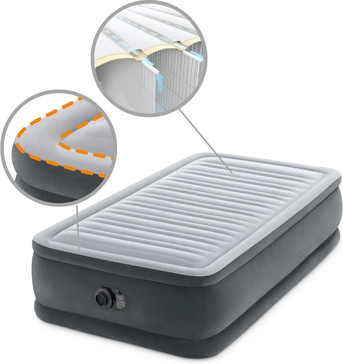 Intex Luchtbed - 1-Persoons - 99 X 191 X 46 Cm - Grijs - Met Ingebouwde Pomp, Hoeslaken Zwart En Reparatieset 7 Intex Luchtbed - 1-Persoons - 99 X 191 X 46 Cm - Grijs - Met Ingebouwde Pomp, Hoeslaken Zwart En Reparatieset - Afbeelding 5