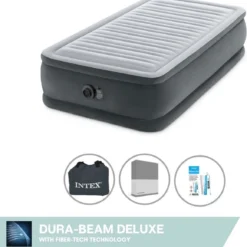 Intex Luchtbed - 1-Persoons - 99 X 191 X 46 Cm - Grijs - Met Ingebouwde Pomp, Hoeslaken Antraciet En Reparatieset