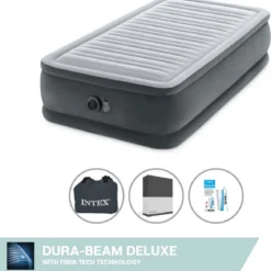 Intex Luchtbed - 1-Persoons - 99 X 191 X 46 Cm - Grijs - Met Ingebouwde Pomp, Hoeslaken Zwart En Reparatieset