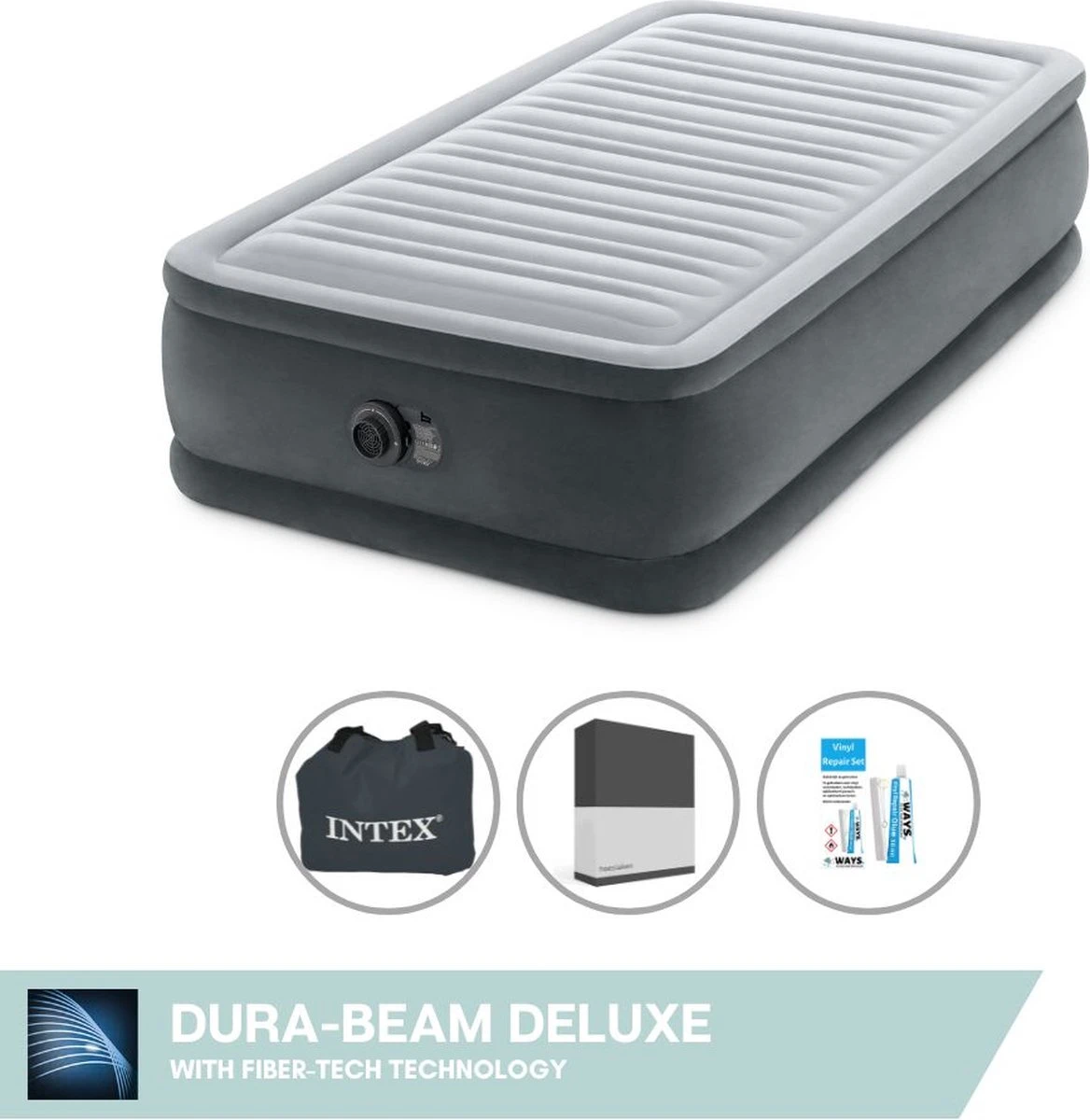 Intex Luchtbed - 1-Persoons - 99 X 191 X 46 Cm - Grijs - Met Ingebouwde Pomp, Hoeslaken Zwart En Reparatieset 3 Intex Luchtbed - 1-Persoons - 99 X 191 X 46 Cm - Grijs - Met Ingebouwde Pomp, Hoeslaken Zwart En Reparatieset