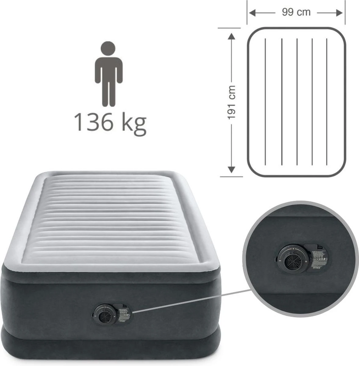 Intex Luchtbed - 1-Persoons - 99 X 191 X 46 Cm - Grijs - Met Ingebouwde Pomp, Hoeslaken Zwart En Reparatieset 5 Intex Luchtbed - 1-Persoons - 99 X 191 X 46 Cm - Grijs - Met Ingebouwde Pomp, Hoeslaken Zwart En Reparatieset - Afbeelding 3