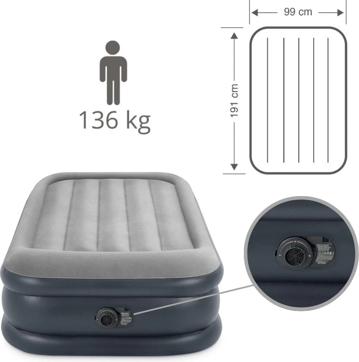 Intex Luchtbed - 1-Persoons - 99 X 191 X 42 Cm - Grijs - Met Pomp, Hoeslaken Antraciet En Reparatieset 4 Intex Luchtbed - 1-Persoons - 99 X 191 X 42 Cm - Grijs - Met Pomp, Hoeslaken Antraciet En Reparatieset - Afbeelding 2