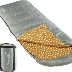 Skandika Dundee Flannel-R Slaapzak – Slaapzakken – Slaapzakken Volwassen - Maat M – Unisex - Katoen, Luxe Kwaliteit, Dubbele Slaapzak, 3 Seizoenen, Tot -20°C - 220 X 80 Cm - Outdoor Kampeerslaapzak – Ritssluiting Rechts - Grijs/geel