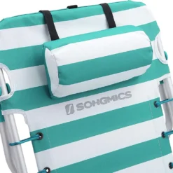 Strandstoel Met Afneembare Hoofdsteun, Draagbare Klapstoel, Campingstoel, Rugleuning Tot 180° Verstelbaar, Met Bekerhouder En Zijvak, Groene En Witte Strepen GCB62JW -Aanbiedingen Kampeer Zen Winkel 1200x1038 1