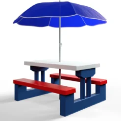 Merkloos Kinder Picknicktafel Met Parasol - Blauw -Aanbiedingen Kampeer Zen Winkel 1200x1167 1