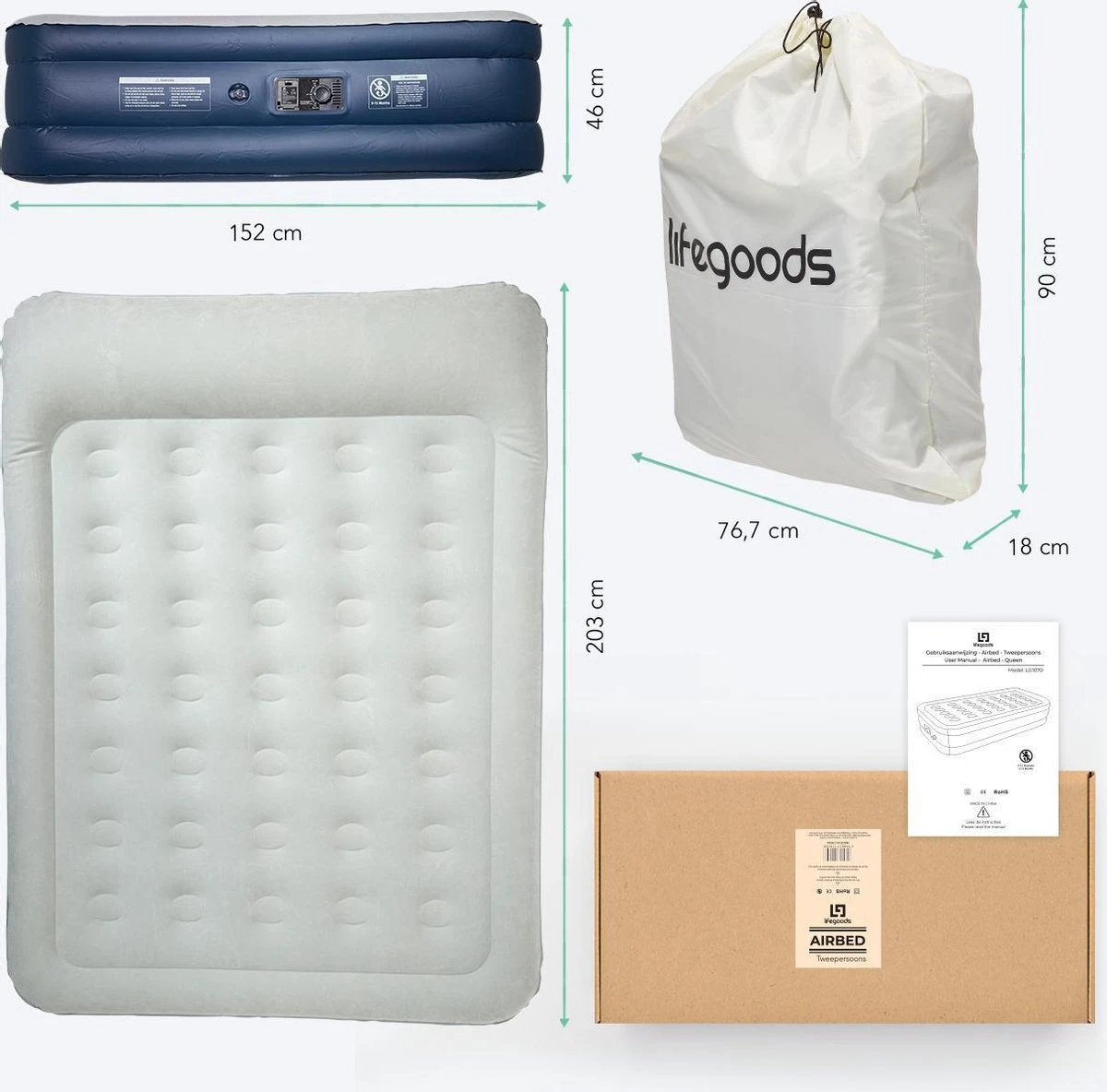 LifeGoods Luchtbed - 2 Persoons - Met Ingebouwde Pomp - Incl. Draagtas En Reparatiekit 12 LifeGoods Luchtbed - 2 Persoons - Met Ingebouwde Pomp - Incl. Draagtas En Reparatiekit - Afbeelding 10