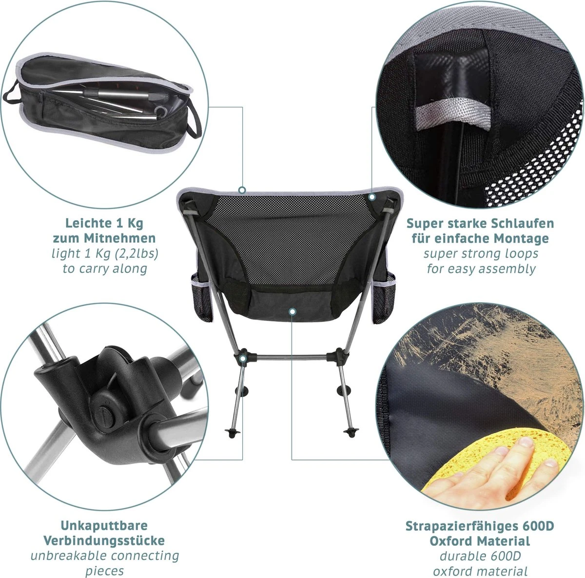 Smartpeas Camping Stoel Van Stevig 600D Polyester En Aluminium - Lichtgewicht En Opvouwbaar - Camping Gadget Inclusief Zijzakken +Plus: Strandmat & Draagtas 5 Smartpeas Camping Stoel Van Stevig 600D Polyester En Aluminium - Lichtgewicht En Opvouwbaar - Camping Gadget Inclusief Zijzakken +Plus: Strandmat & Draagtas - Afbeelding 3