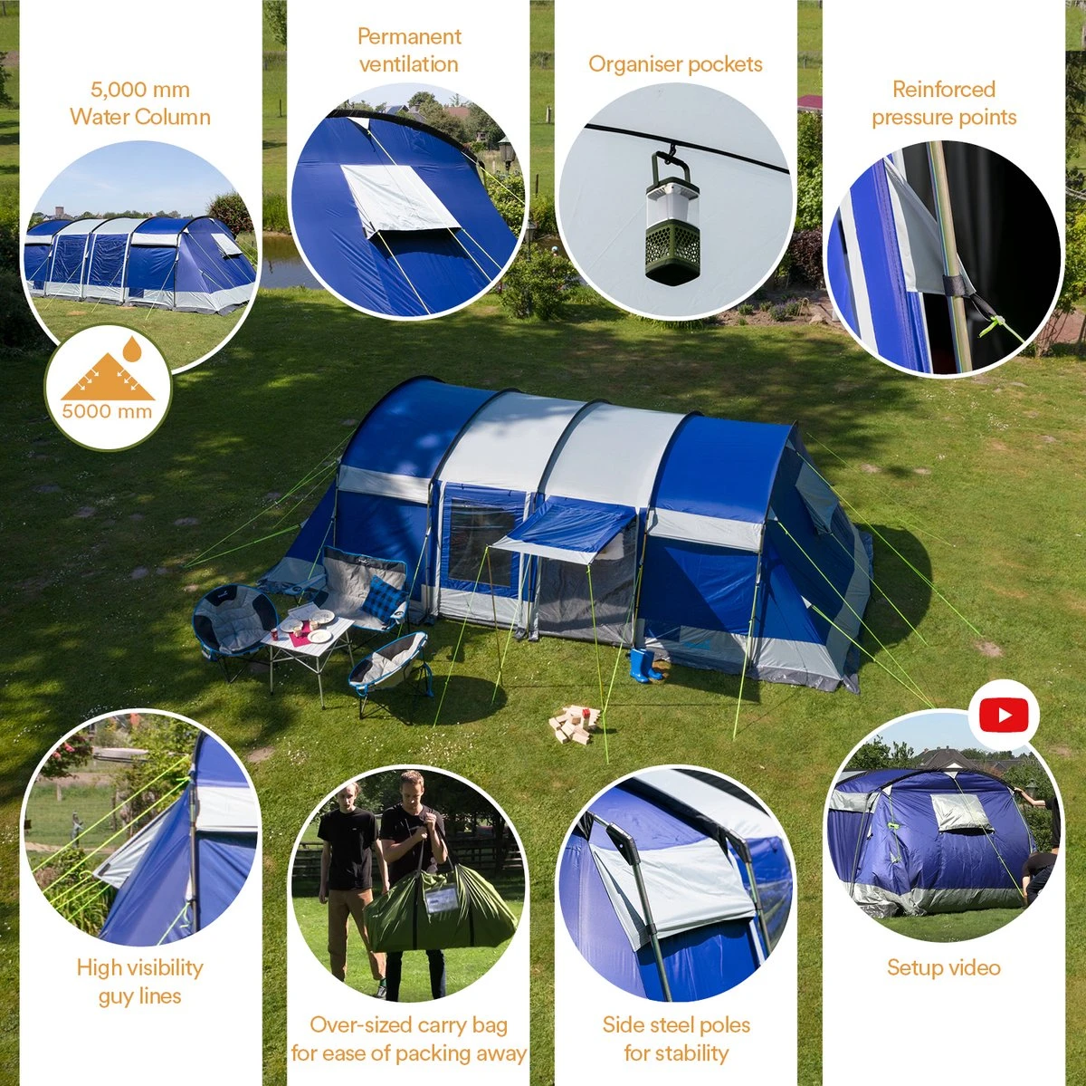 Skandika Montana 8 Sleeper Tent – Tunneltent – 8 Persoons Familietent - Campingtent – Sleeper Technology (2 Tot 4 Extra Donkere Slaapcabines) – Ingenaaide Tentvloer - Muggengaas – 700 X 310 X 200 Cm (LxBxH) – 5000mm Waterkolom – Kamperen – Blauw/wit 5 Skandika Montana 8 Sleeper Tent – Tunneltent – 8 Persoons Familietent - Campingtent – Sleeper Technology (2 Tot 4 Extra Donkere Slaapcabines) – Ingenaaide Tentvloer - Muggengaas – 700 X 310 X 200 Cm (LxBxH) – 5000mm Waterkolom – Kamperen – Blauw/wit - Afbeelding 3