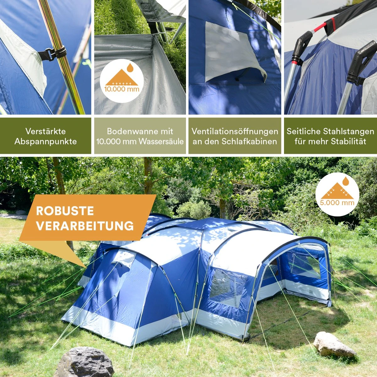Skandika Nimbus Sleeper 12 Tent – Koepeltenten – 12 Persoons Familietent - Campingtent – Muggengaas – Sleeper Technology (3 Extra Donkere Slaapcabines) – 760 X 630 X 215 Cm (LxBxH) – 5000 Mm Waterkolom – Camping, Tuin – Kamperen – Blauw/wit 11 Skandika Nimbus Sleeper 12 Tent – Koepeltenten – 12 Persoons Familietent - Campingtent – Muggengaas – Sleeper Technology (3 Extra Donkere Slaapcabines) – 760 X 630 X 215 Cm (LxBxH) – 5000 Mm Waterkolom – Camping, Tuin – Kamperen – Blauw/wit - Afbeelding 9