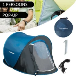 Dunlop Pop Up Tent 220 X 120 X 90 Cm - Grijs/ Blauw - 1 Persoons -Aanbiedingen Kampeer Zen Winkel 1200x1200 721