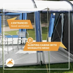 Skandika Montana 8 Tent – Tunneltenten – 8 Persoons Tent – Campingtent – 200 Cm Stahoogte – 2-4 Slaapcabines - Muggengaas – Familietent – 4 Ingangen – 700 X 310 X 200 Cm (L X B X H) - 5000 Mm Waterkolom – Outdoor, Camping – Kamperen – Blauw -Aanbiedingen Kampeer Zen Winkel 1200x1200 856