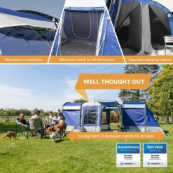 Skandika Montana 8 Tent – Tunneltenten – 8 Persoons Tent – Campingtent – 200 Cm Stahoogte – 2-4 Slaapcabines - Muggengaas – Familietent – 4 Ingangen – 700 X 310 X 200 Cm (L X B X H) - 5000 Mm Waterkolom – Outdoor, Camping – Kamperen – Blauw -Aanbiedingen Kampeer Zen Winkel 1200x1200 862