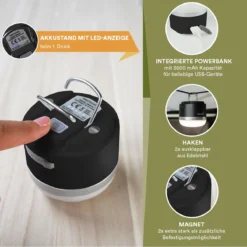 Skandika Campinglamp Tarfala – Tentlampen – Campinglampen – Kampeerlamp – Tentlamp Oplaadbaar, Traploos Dimbaar, Ophanghaak, USB Aansluiting – 3600 MAh Powerbank – Warm Wit, Koel Wit, 110 H Batterij – Tentlamp Buiten – Energieklasse A ++ - Zwart -Aanbiedingen Kampeer Zen Winkel 1200x1200 960